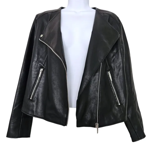 Mango MNG Faux Leather Biker Moto Jacket Womens Medium Black Zip - Image 6