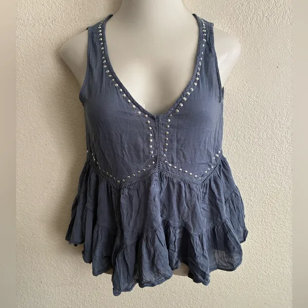 Abercrombie & Fitch Silver Sequins Dusty Blue Boho Babydoll Blouse M - Image 3