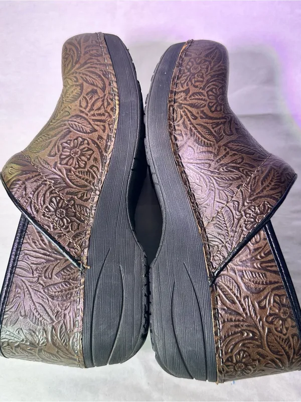 Dansko Brown Floral-Embossed Leather Clogs - Image 7