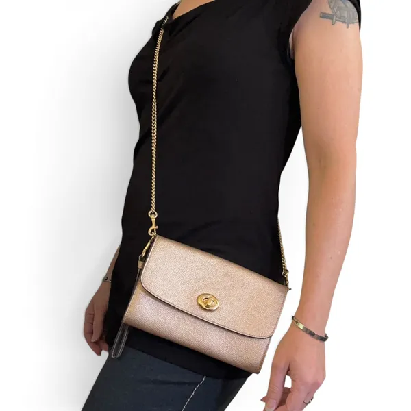 Coach Rose Gold Leather Gold Turnlock Chain Crossbody Convertible Bag #F22828 - Image 2