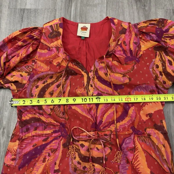 Farm Rio Dress Women's Size Large Red Banana Juice Boho Puff Sleeve Tie Mini - Image 9