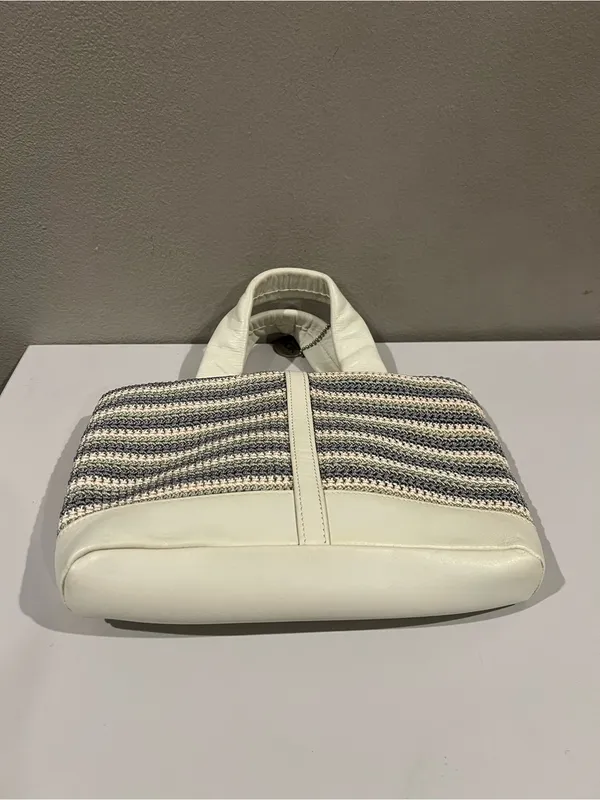 The Sak White Gray Seafoam Striped Crochet Tote Bag Leather Trim Mini Tote Purse - Image 3