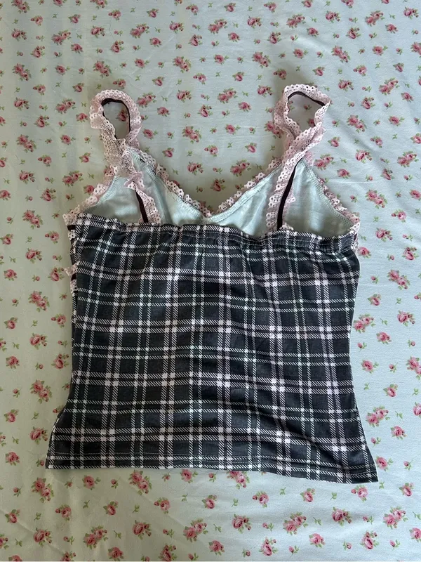 Plaid Lace-Trim Cami Top in Dark Gray and Light and Pink - Image 2