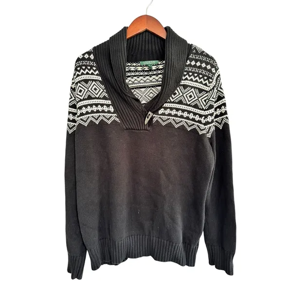 Lauren Ralph Lauren Fair Isle Shawl Collar Toggle Sweater Black White 1X Cotton - Image 2