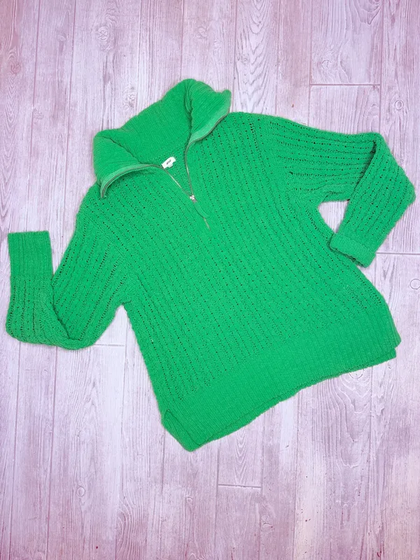 Aerie chunky knit green quarter zip long sleeve sweater shirt size med crochet - Image 3