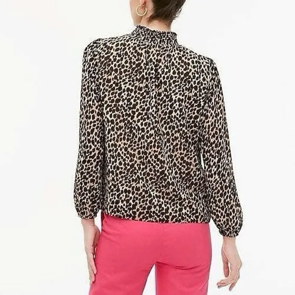 J.CREW Animal Print Smocked Mock Neck Long Sleeve Blouse Top Multicolor M - Image 4