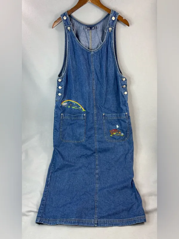 True Blue M Cottagecore Noah’s Arc Embroidered Overalls Denim Jumper Dress - Image 3