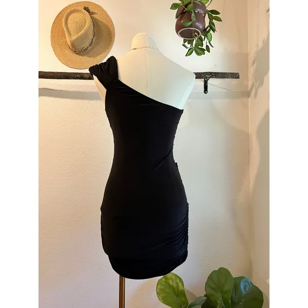 USA De More Y2K Black Stretchy Lace One Shoulder Gold Buckle Dress Size XS - Image 5