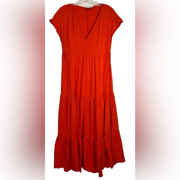 Zara‎ Tiered Midi Dress Short Sleeve V-neck Wrap Flounced Hem Red/ Orange XS - Image 2