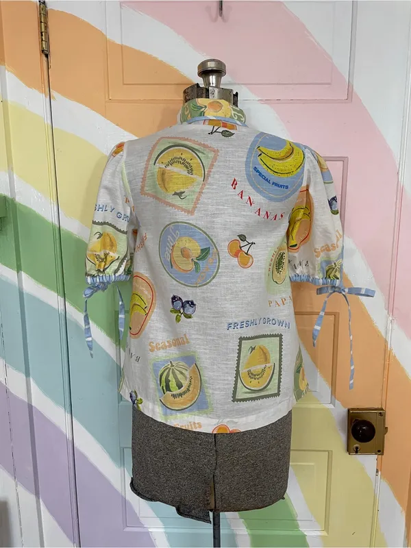 Prosperina Clementine Multi Print Cotton Linen Button Front Tie Sleeve Top 💛🎀 - Image 9