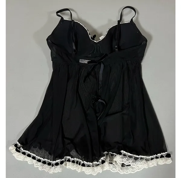 Jezebel Black White Ruffle Lace Sheer Babydoll Nightie Lingerie Nightgown Dress Size S 🖤 - Image 3