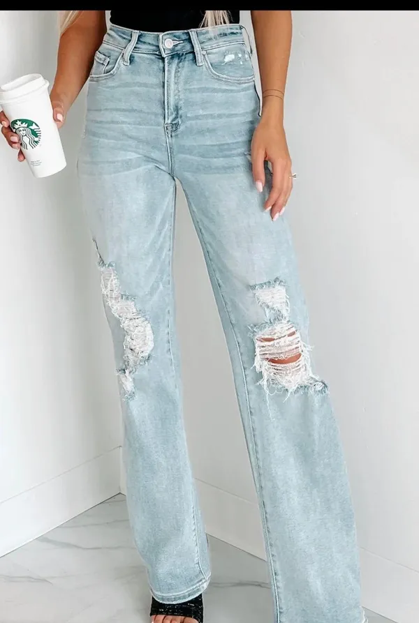 High Rise Distressed Straight Leg Jeans - Image 2