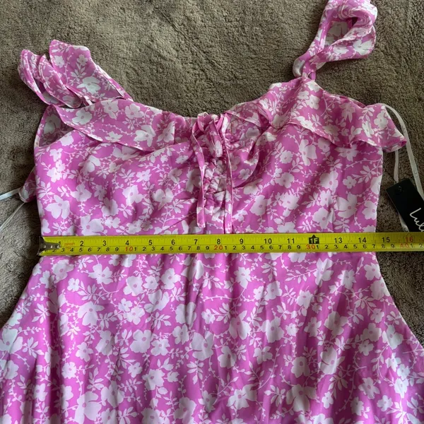 Lulus Pink Floral Ruffle Mini Dress Sleeveless Tie Front Chiffon Size M NEW - Image 9