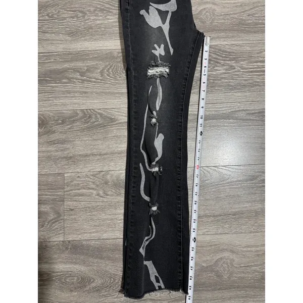 SheIn Womens Distressed Jeans Size L Graphic Print Black 28x29 High‎ Rise Straight Leg - Image 6