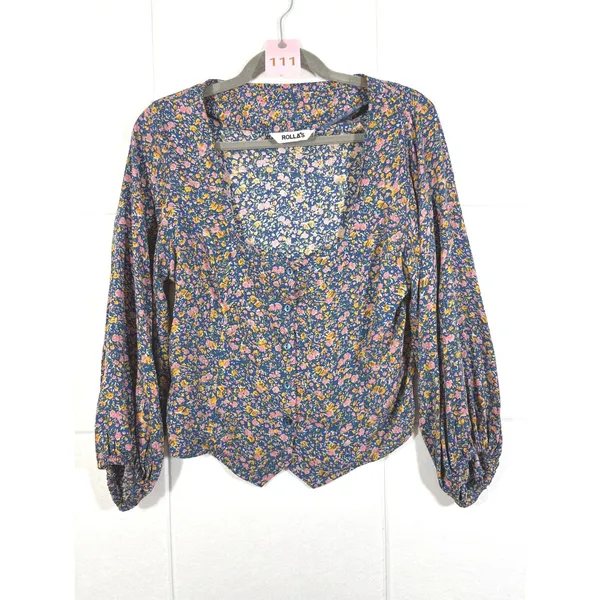 Rollas Roxanne Coast Floral Blouse Blue Multi Square Neck Blouson Sleeve Top S - Image 2