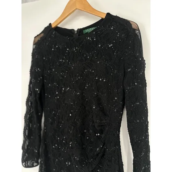 Lauren‎ RALPH LAUREN Lace Sequin Black Dress 14 Ruched Waist Sheer Sleeve Formal - Image 2