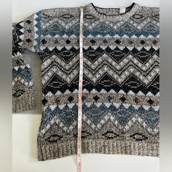 Vintage Method Blue Black Tan Fair Isle Eclectic Grandpa Crewneck Sweater Sz M - Image 5