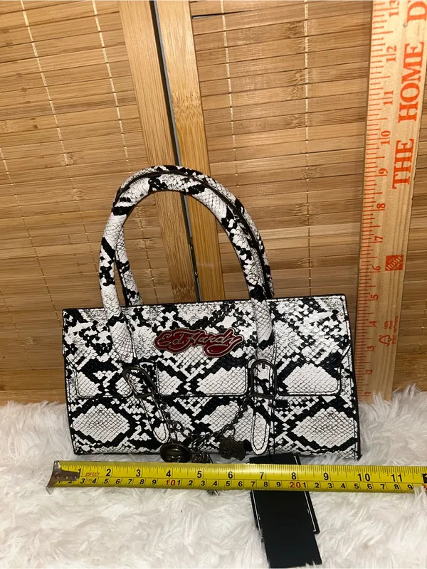 Ed Hardy Handbag Grey Snakeskin Charms Detachable cross body Strap purse NWT - Image 12