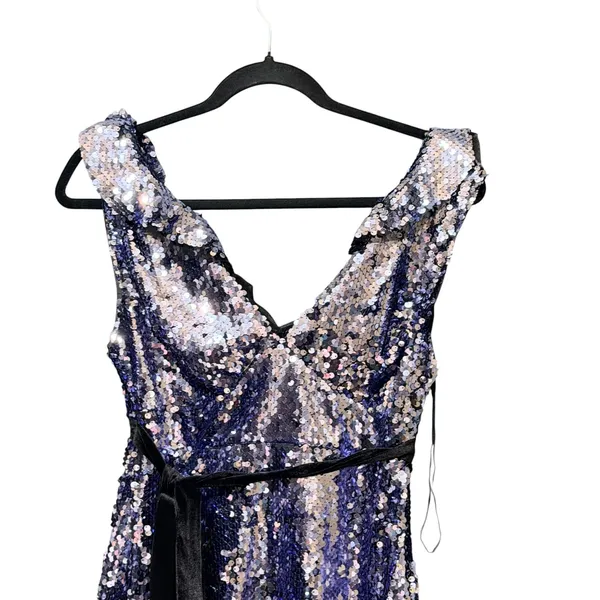 Free People Silver Blue Sequin Mini Dress V-Neck Open Back Ruffle Size 0 NEW - Image 5