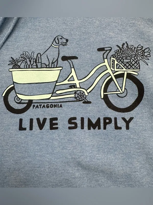 Patagonia Blue 'Live Simply' Pullover Hoodie with Bicycle Graphic Women’s Large - Image 2