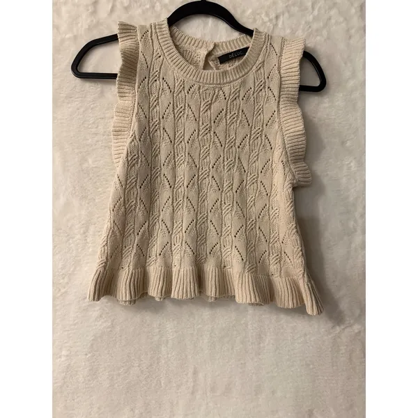 Deluc Cream Cable Knit Ruffle Sleeveless Sweater‎ Top Vest Beige Small 9297D - Image 7
