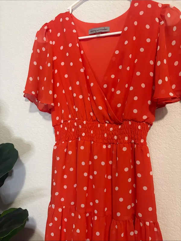Polka Dot Tiered Midi Dress - coral Red 4 - Image 3