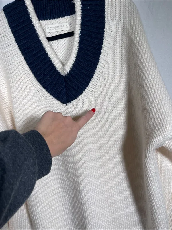 Abercrombie & Fitch Womens Merino Wool Chunky V Neck Sweater Ivory Navy Blue Xl - Image 3