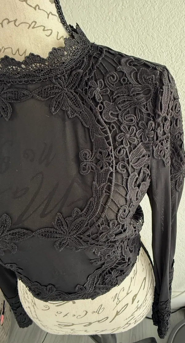 Windsor Black Lace Overlay Long Sleeve Mesh Crop Top - Size Small - Image 13