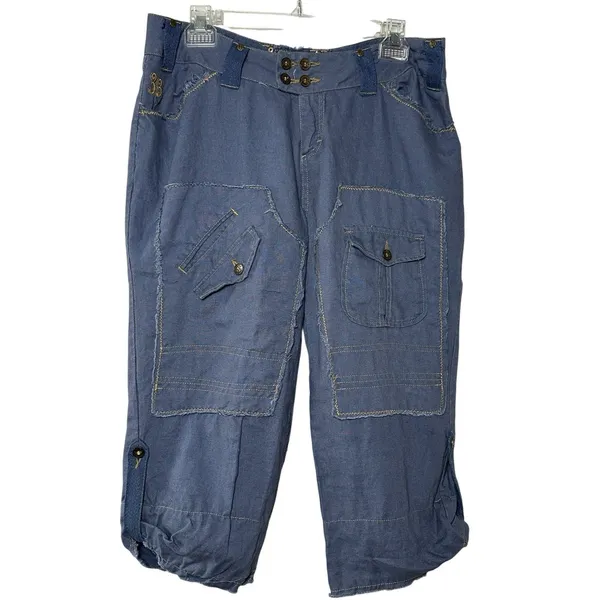 Y2K Linen Cargo Capri Blue Utility Boho Cropped Pants Sz L Button‎ Fly Wide Leg - Image 2