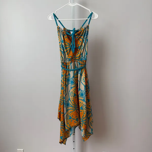 Route 66 S Blue‎ Orange Sundress Braided Straps Handkerchief Hem Boho Festival - Image 6