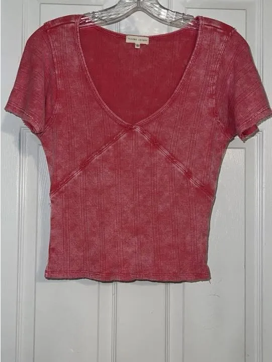 Gilded Intent Washed Pink Ribbed V-Neck Crop Top - Image 2
