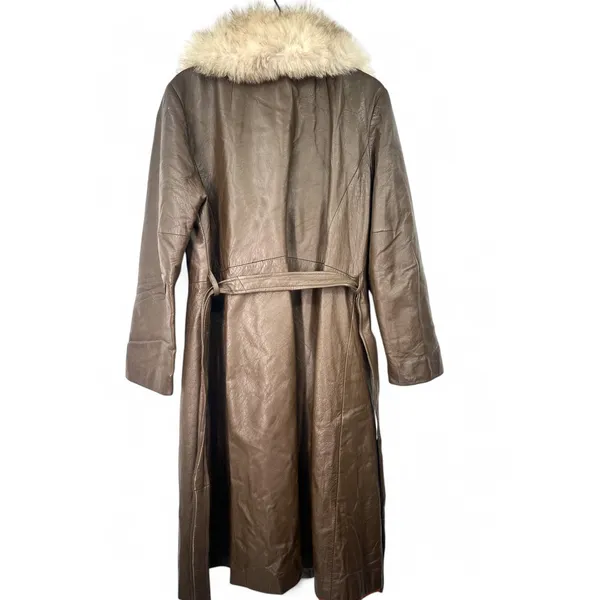 VINTAGE 60's-70's Women's M Penny Lane Fur Collar Leather Trench Coat Jacket - Image 3
