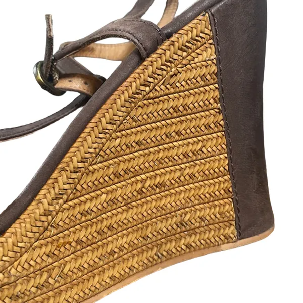 UGG Women’s Brown Leather T-Strap Woven Detail Wedge Espadrille Sandals Size 9 - Image 14