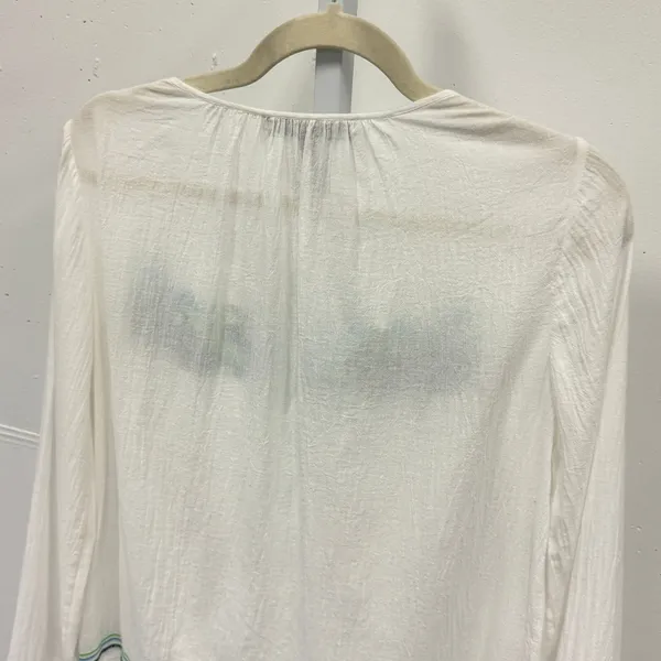 BCBGMAXAZRIA White Embroidered Gauze Peasant Blouse Boho Long Sleeve Top Small - Image 6
