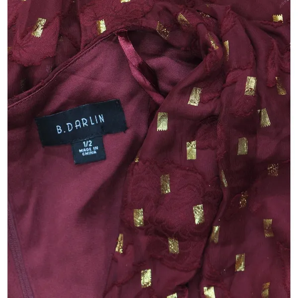 NWT B. Darlin Double Tiered Chiffon Sheer Puff Sleeve Dress Wine Red / Gold 1/2 - Image 8