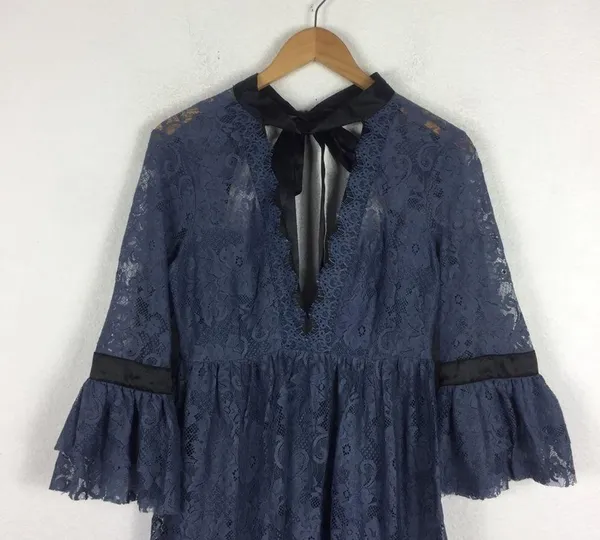 NWT Free People Gilded Lace Victorian Dusty Blue Bow Tunic Mini Dress Small - Image 4