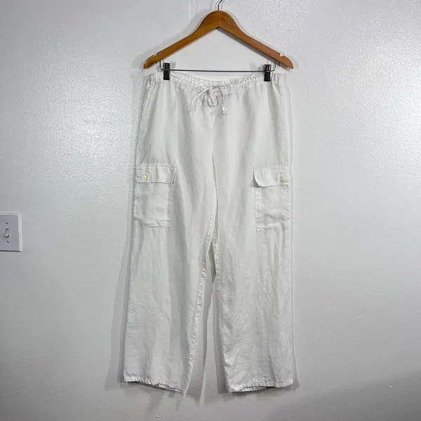 Vintage Y2K Mossimo Linen Wide Leg Cargo Pants White Drawstring Women's Small - Image 3