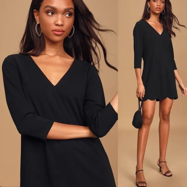 Lulus Love It All Three-Quarter Sleeve Scalloped Shift Dress in Black‎ Size XS - Image 3