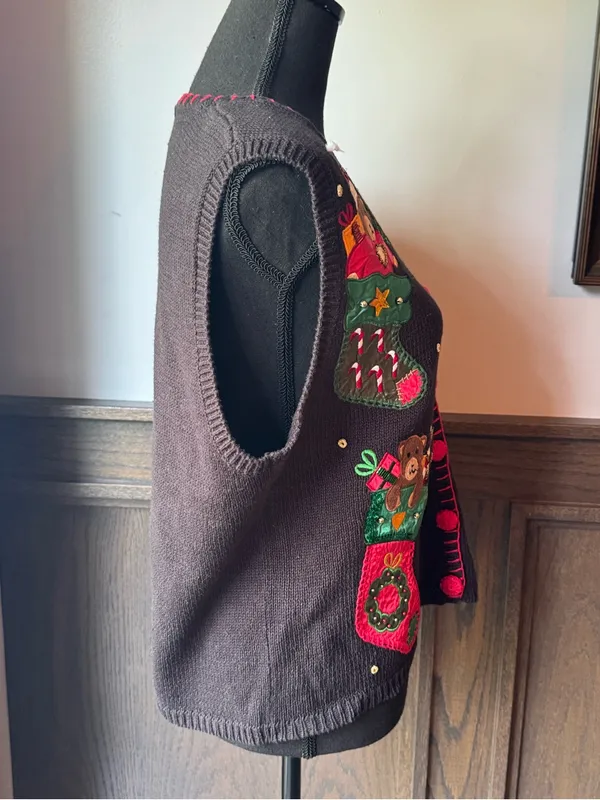 Nutcracker Festive Black Christmas Stocking Embroidered Sweater Vest medium - Image 4