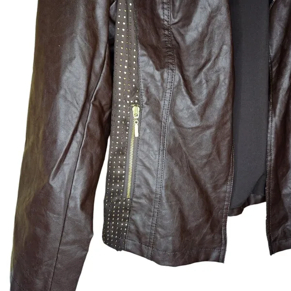 Chico's Chocolate Brown Open Front Faux Leather Lined Jacket Gold Studded Size 1 - Image 5