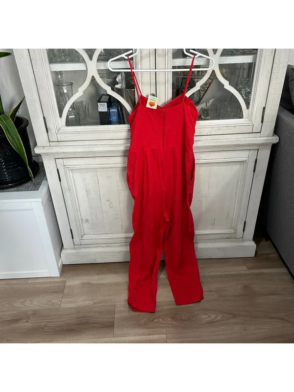 FARM Rio Red Linen Blend Bow Front Jumpsuit XS Boho Cottage Tropical Indie - Image 3