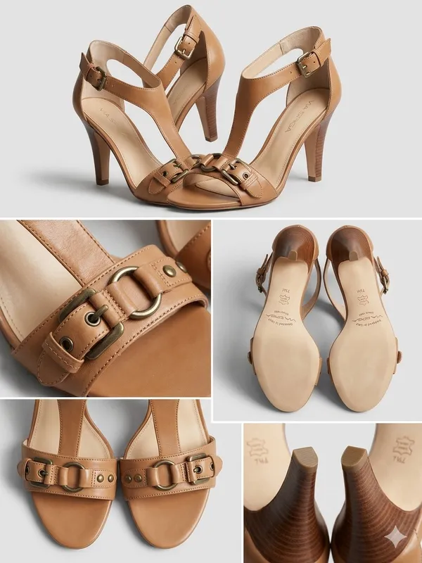 Via Spiga Tan Leather T-Strap Sandals with Buckle Accent - Image 2