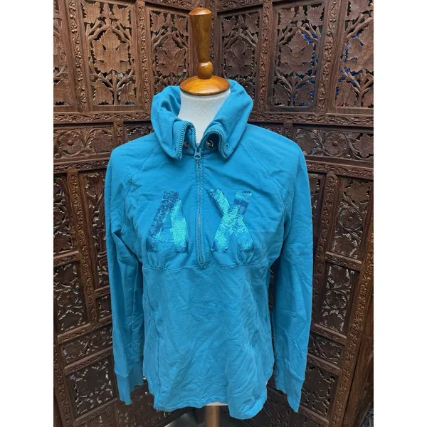 Armani Exchange‎ Pullover Sweatshirt Womens XL Turquoise Blue Good Sequin Logo - Image 3