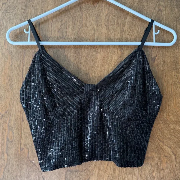 Boutique Black Sequin Sz M Womens Cropped Camisole Zip Up Rave Festival Party Going Out - Image 3
