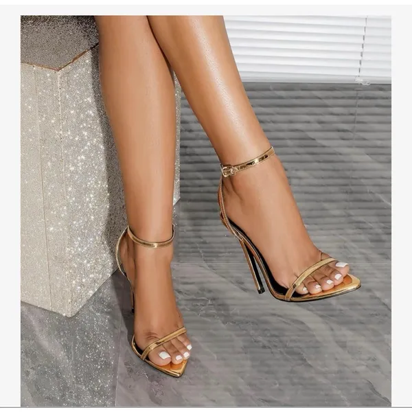 NEW Gold Strappy Lace Up Heels Stiletto Open Toe Strap Dress Shoe 10 - Image 2