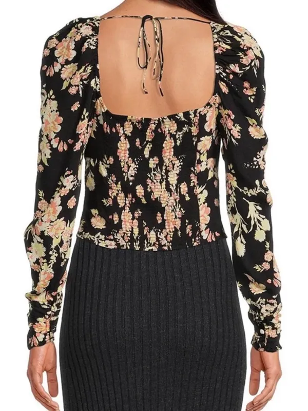 Free People Black Boho Floral Print Long Sleeve W/ Smock Detail Viscose Top NWT - Image 10