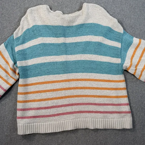 LOFT Women's Large Striped Knit Sweater Top Teal Orange Pink Drop Shoulder Boxy - Image 9