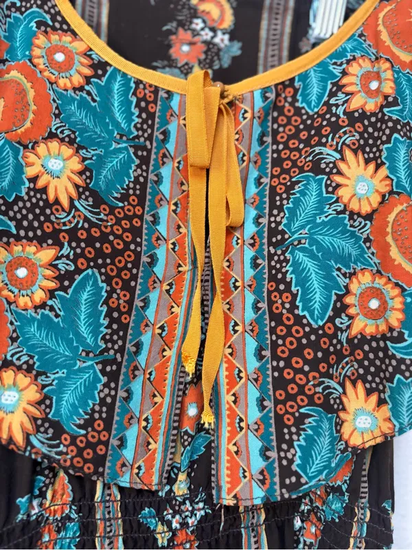Vintage Handmade 70s Boho Floral Cape Sleeve Smocked Tunic Top - Image 7