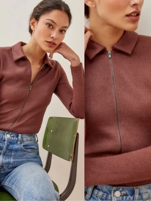Reformation | Cinnamon Griet Collared Zip Knit Ribbed Sweater - Image 2