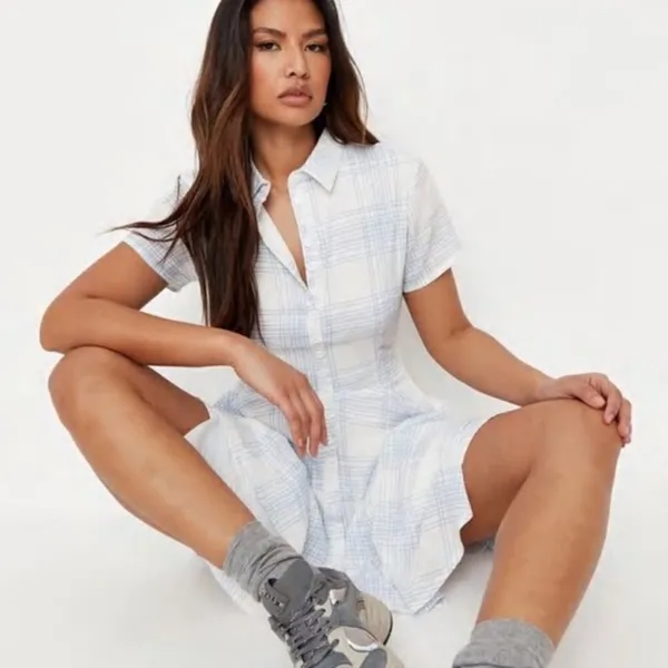 ✨ Missguided Missguided Skater White & Blue Checked Button Down Shirt Dress✨ - Image 4
